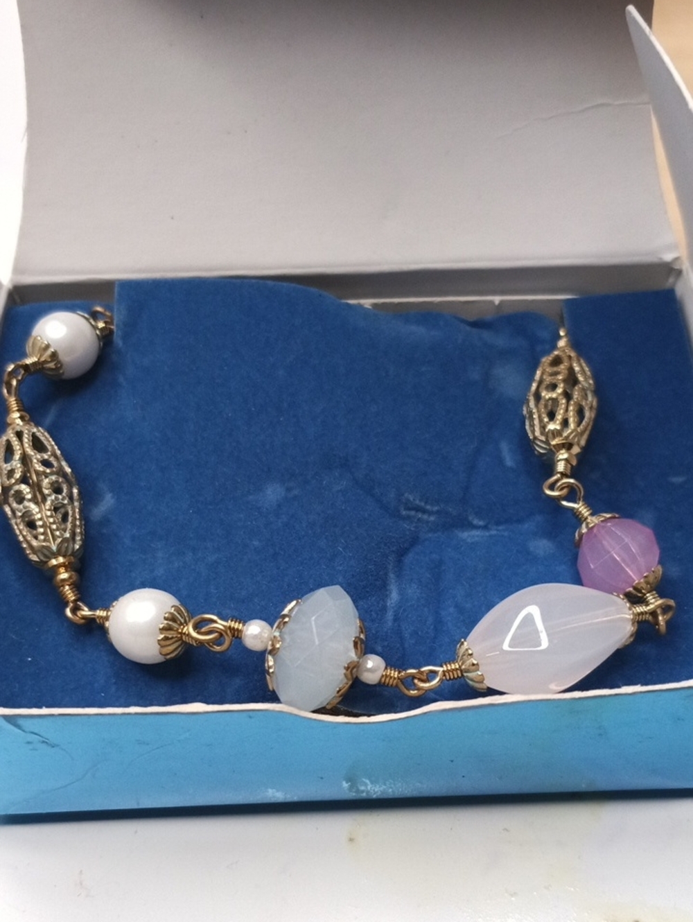 Avon Long Gold-Tone Necklace with White and Light Pink Beads - 35 Inches